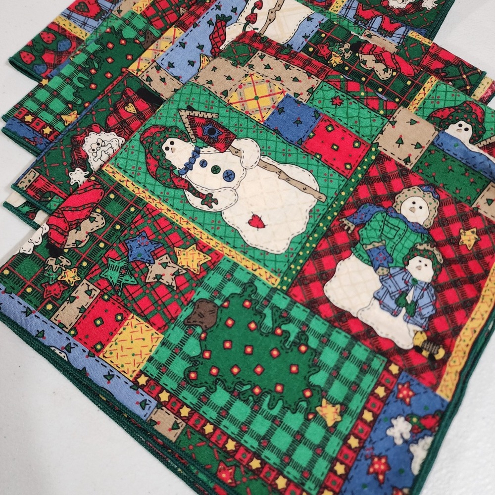 Vintage Christmas Snowman Santa Patchwork Cloth Napkins Set of 4 Festive Holiday